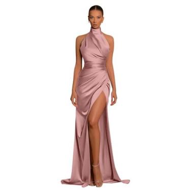 Imagem de Vestido de baile Yilis Dusty Rose, cetim, gola alta, fenda longa
