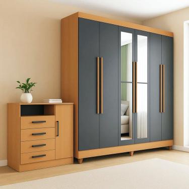 Imagem de Guarda-Roupa Casal com Espelho 6 Portas 2 Gavetas 202x184cm e Cômoda 4 Gavetas e 1 Porta Apolo Freijó / Grafite