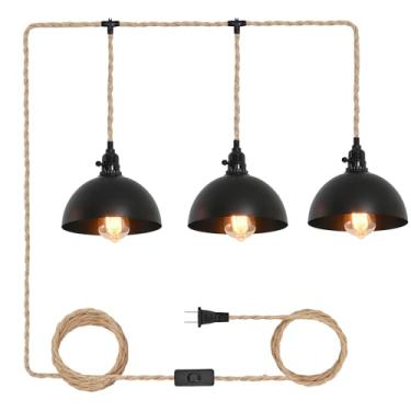 Imagem de CAFULAM 3 luzes pendentes de corda de cânhamo com plugue de corda de cânhamo luzes penduradas em vime com cabo de plugue com abajur de tecido, luzes para pendurar com cordão de cânhamo
