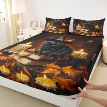 Imagem de Jogo de cama solteiro com desenho de gato preto, folhas de bordo, outono e outono, decoração de quarto de meninas e meninos, livro mágico, estilo gótico, dia das bruxas, vintage, 1 fronha (sem plano)