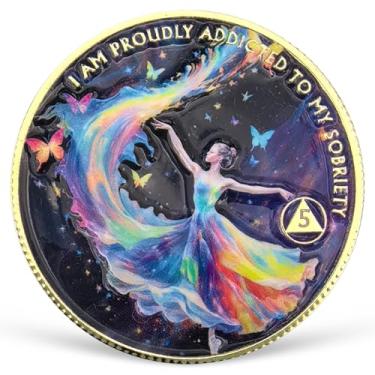 Imagem de Moeda de sobriedade de 5 anos feminina poder AA moeda colorida recuperação AA NA chips e medalhões comemorando 1-15 anos símbolo limpo e sóbrio narcóticos alcoólicos presentes anônimos para mulheres