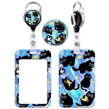 Imagem de BKBKAAK Porta-crachá retrátil com adorável estampa de gato preto, capa de cartão durável e clipe para identidade, chaves, cartões de acesso, porta-cartões fofo para crianças, professores, mulheres