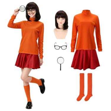 Imagem de Conjunto de fantasia feminina, 6 peças, suéter laranja, saia vermelha, óculos, meias, cosplay, roupa para Halloween, Laranja, 2X-Large