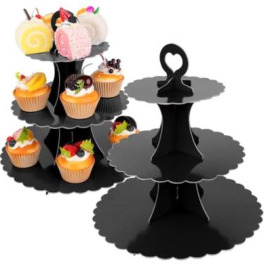 Imagem de Suporte de cupcake de 3 camadas, pacote com 2 unidades, suporte de bolo, torre, papel redondo, para exibição de bolo, para aniversário, batizado, suporte de confeitaria descartável para decoração de