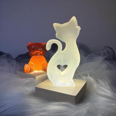 Imagem de Luz noturna para gatos – Lâmpada LED de madeira feita à mão com boneco de urso | Decoração de berçário e presente de bebê - Lâmpada de mesa pequena para chá de bebê ou Natal - Animal removível