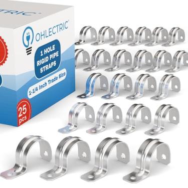 Imagem de OHLECTRIC Correia de tubo resistente (pacote com 25 - 3,5 cm) braçadeiras de conduíte zincadas, suporte em U de correia de tubo rígido de aço com 1 furo, clipe de tubo de tensão revestido de zinco
