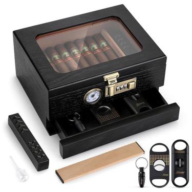 Imagem de Umidor de Charutos em Cedro Maciço com Higrômetro e Umidificador, Divisórias e Gaveta, Design Elegante, Armazenamento de Alta