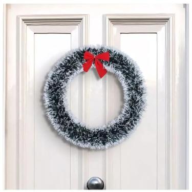 Imagem de Guirlanda de Natal Nevada 33 cm com Laço Vermelho – Festão Verde de Plástico para Porta ou Parede, Decoração Natalina Reutilizável - Lene