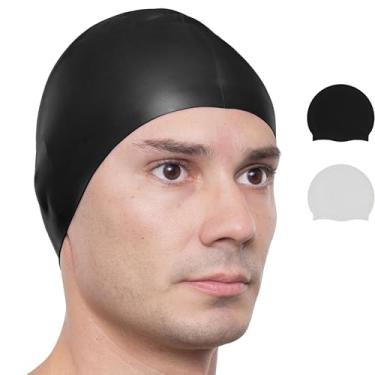 Imagem de Touca de natação de silicone unissex - Chapéu de natação confortável para cabelos longos/curtos, design antiderrapante (preto branco)