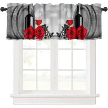 Imagem de TFOSO Cortinas de saia de cozinha de vinho, rosa vermelha, romântico, rústico, fazenda, cortinas curtas para sala de estar, café, tratamento de janela, 1 painel 137 cm L x 45 cm C