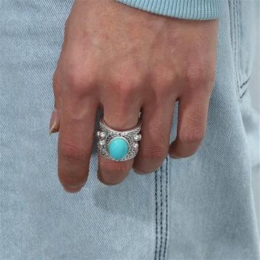 Imagem de Anel de anel largo aberto ajustável turquesa para mulheres vintage boho bola contas pedra azul anéis de dedo ajuste confortável boêmio aniversário Natal joia retrô festa, Metal, Sem pedra preciosa