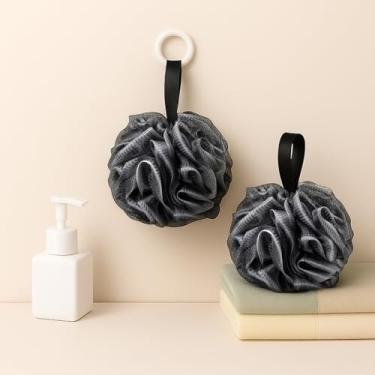 Imagem de 2 peças de esponja de chuveiro para mulheres, bola de pufe de esponja de banho de 50 g, bucha de malha de carvão de bambu, esfregão de chuveiro para o corpo, preto com bordas brancas