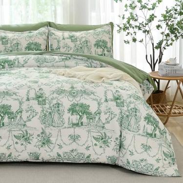 Imagem de Xruibed Conjunto de edredom verde tamanho casal 7 peças, cama botânica Toile de Jouy em uma bolsa, conjunto de edredom boêmio com lençol, fronhas, fronhas de microfibra macia para todas as estações
