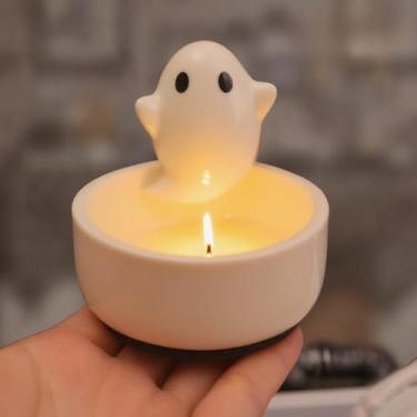 Imagem de Castiçal de cerâmica fantasma fofo tema Halloween bandeja velas brancas atmosfera festiva festa universal castiçal 7,2 * 7,5 * 8 cm