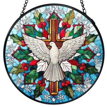 Imagem de FUGWN Suspensão de janela com cruz de Natal, pomba branca, cruz, coletores de sol, janela interna, decoração de arte de parede de vidro redondo, decorações religiosas para pendurar na parede