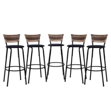 Imagem de Banquetas Altas Junco Cappuccino Estrutura Preta 70cm Para Balcão Cozinha, Bar, Bistrô, Americano Kit 05 Unidades - Itagold (Preto)