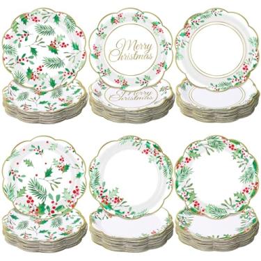 Imagem de Gerrii 60 peças de pratos de festa de Natal, 18 cm, pratos de papel descartáveis de bagas de azevinho de inverno, vermelho, verde, decorativo, sobremesa, jantar, lembrancinha para Natal, festa de
