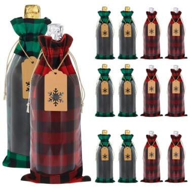 Imagem de Ribbonlic 12 peças de sacos de vinho de serapilheira de Natal com janela transparente com cordões, etiquetas xadrez búfalo xadrez de Natal reutilizável com cordão capa de vinho para Papai Noel, férias