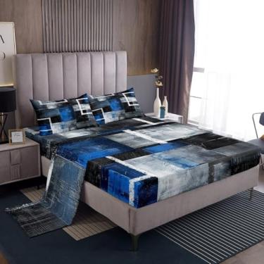 Imagem de Erosebridal Jogo de lençol solteiro geométrico com pintura a óleo, azul, preto, cinza, arte abstrata, aquarela, patchwork, 1 lençol com elástico, 1 lençol de cima e 1 fronha