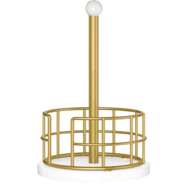 Imagem de YATINEY Suporte de toalha de papel para bancada, suporte de toalha de papel dourado com base de madeira, economia de espaço, suporte de rolo de cozinha independente, para rolos de tamanho padrão e