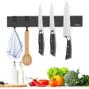 Imagem de Dmore Suporte de faca magnético para parede — com 2 ganchos, tira magnética preta de 30 cm sem perfuração, suporte magnético de faca poderoso, inclui fita adesiva e parafusos para facas, utensílios e