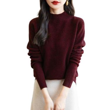 Imagem de Suéter feminino Chanyarn, 100% lã merino, gola alta, vermelho escuro