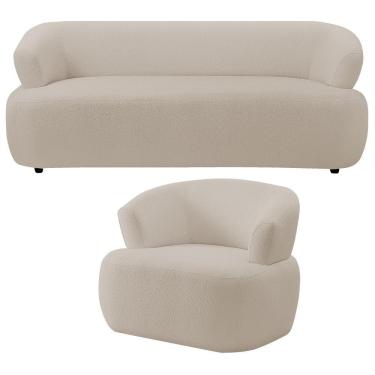 Imagem de Kit Sofá 3 Lugares Para Sala 198cm Com 01 Poltrona Orgânica Florea M05 Bouclê Creme - Lyam Decor