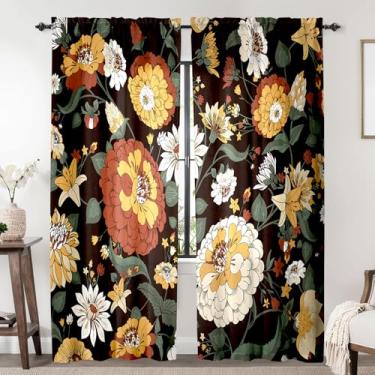 Imagem de Cortinas botânicas florais Boho 213 cm de comprimento, preto, meados do século, vintage, abstrato, flores, quinta, filtro de luz, cortinas semitransparentes, boêmias, folhas tropicais, cortinas para