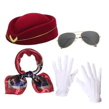 Imagem de hhdatc Conjunto de fantasia feminina de aeromoça, acessórios de aeromoça com chapéu, cachecol, óculos de sol e luvas, Vinho tinto, One Size