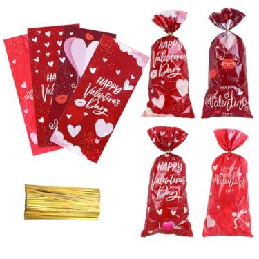 Imagem de XnxnzhHo 50 unidades de sacos de guloseimas de celofane de coração vermelho 12 x 25 cm sacos de brindes de dia dos namorados com laço torcido, para doces de festa dos namorados, suprimentos de