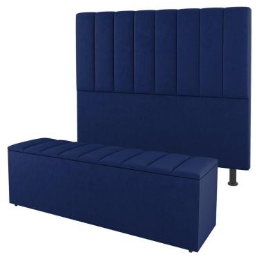 Imagem de Kit Cabeceira E Baú Cama Box Casal Cora 140cm Suede Azul