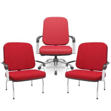 Imagem de Kit Cadeira De Escritório Giratória E 2 Cadeiras Fixas Cromada Magno P03 Crepe Vermelho - Lyam Decor