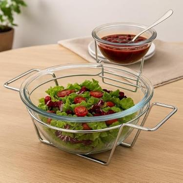 Imagem de Saladeira com Molheira de Vidro e Colher Aço Inox com Suporte Inoxidável 3 Litros