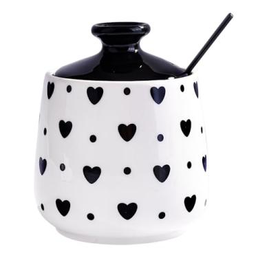 Imagem de Cerficer Açucareiro de cerâmica com colher, padrão preto e branco, recipiente de porcelana de 300 ml com tampa, armazenamento de cozinha de 8 x 10,5 cm (xx)