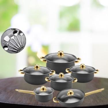 Imagem de Conjunto De Panelas De AçO InoxidáVel Com 6 PeçAs + 1 Frigideira Antiaderente + Conjunto De UtensíLios De Cozinha De AçO InoxidáVel Com 6 PeçAs. FáCil De Limpar, Cabos Resistentes Ao Calor.(Preto)