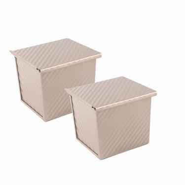 Imagem de WWEsemeren 2 mini formas de pão Pullman com tampas, caixa de torradeira retangular antiaderente de 0,2 kg, 10 x 12 x 11 cm para assar no forno (ouro champanhe)