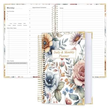 Imagem de Agenda mensal diária sem data para 2025 2026 – Lista de tarefas A5 com agenda horária, capa dura espiral encadernada para aumentar o foco, material escolar/escritório elegante, 14,7 cm x 21,6 cm, flor