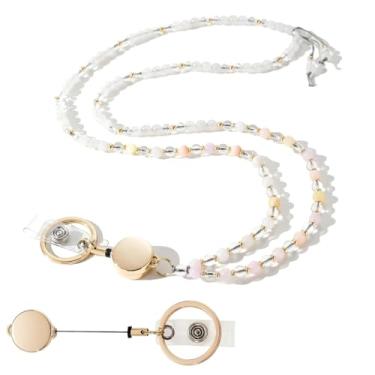 Imagem de Cordão elegante com contas de pedra natural, porta-crachá de identificação com carretel retrátil, acessório de chaveiro profissional com porta-cartões, ideal para uso no escritório