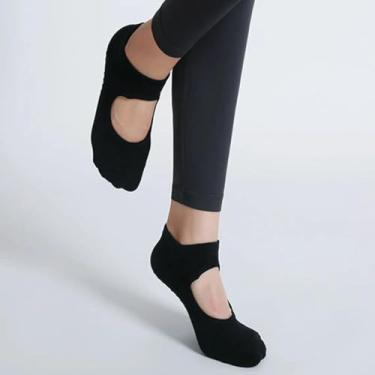 Imagem de 1 par de meias femininas com aderência de pilates e meias antiderrapantes para ioga com aderência para meias descalços e aderentes, Preto, Medium