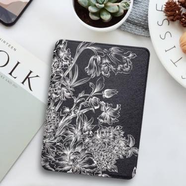 Imagem de Capa para Kindle de 15.2 cm 11ª geração 2024/2022 - capa inteligente de hibernar/despertar automático, flor preta