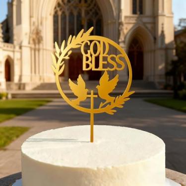 Imagem de God Bless Baptism Cake Topper - Keepsake Dove Cross Design Cake Decoration for Christening & Holy Communion, Divine Celebration Elegant Baby Shower Cake Decor