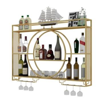 Imagem de Prateleira de vinho de metal montada na parede com suporte de vidro - Exibição de vinho redonda industrial moderna para decoração de cozinha, bar, sala de jantar