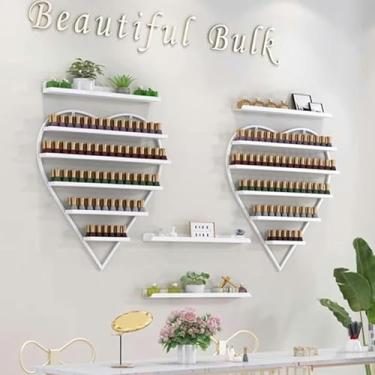 Imagem de Prateleira de parede de esmalte de metal com 5 níveis, suporte de parede de esmalte de unha, exibição estética para esmalte ou batom oco, suporte organizador multifuncional para salão de beleza/beleza