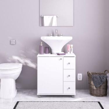 Imagem de Balcão para Pia de Banheiro Coluna com 3 Gavetas Branco Politorno