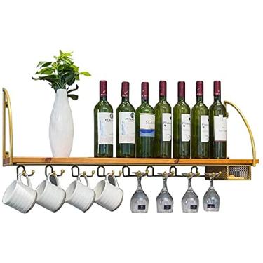 Imagem de Prateleira de parede de cozinha Suporte de parede para vinho com placa de madeira Suporte de metal de ferro dourado para rack de garrafa de vinho/estante/estante de copos de vidro para taças de taças