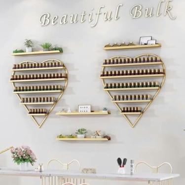 Imagem de Prateleira de parede de esmalte de metal com 5 níveis, suporte de parede de esmalte de unha, exibição estética para esmalte ou batom oco, suporte organizador multifuncional para salão de beleza/beleza