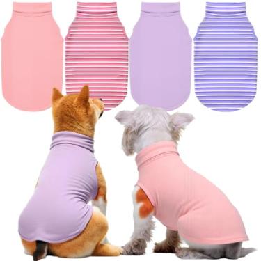 Imagem de Abbylike Pacote com 4 suéteres para cães, camisa macia e elástica, roupas leves e sem mangas, pulôver de gola rolê, regata de inverno lisa e listrada para filhotes de cachorro (rosa e roxo, G)