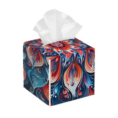 Imagem de Porta-lenços de couro quadrado à prova d'água mandala retrô colorido étnico facial organizador de papel com cinto inferior cubo estojo de lenços para mesa, banheiro, escritório, mesa, carro