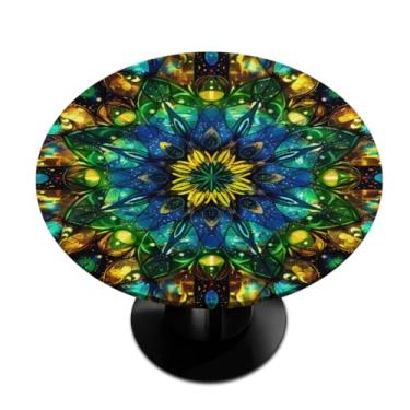 Imagem de Toalha de mesa redonda com borda elástica mandala de vidro psicodélico colorido pequena toalha de mesa redonda limpa para pátio interno e externo decoração de cozinha para mesas de 91 a 106 cm