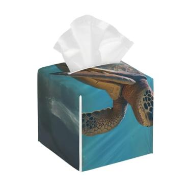Imagem de Porta-lenços de couro quadrado à prova d'água tartaruga marinha petrel luz do sol organizador de papel facial com cinto inferior cubo estojo de lenços para mesa banheiro escritório mesa carro